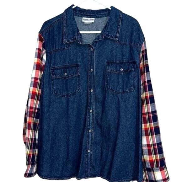 Country Store Denim Shirt With Plaid Sleeves Button-Down 3X 100% Cotton Womens - Picture 1 of 8